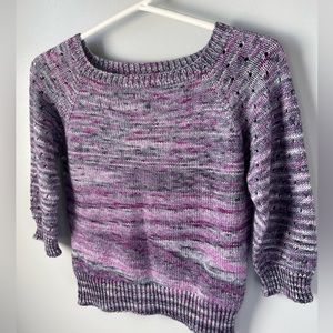 Hand knit crewneck 3/4 sleeve sweater, lilac, extra small